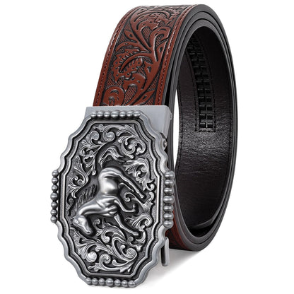 HOTSANSTHS Western Cowboy Ratchet Belts for Men Women Leather Cowboy Belt with Automatic Western Buckle for Jeans Gifts