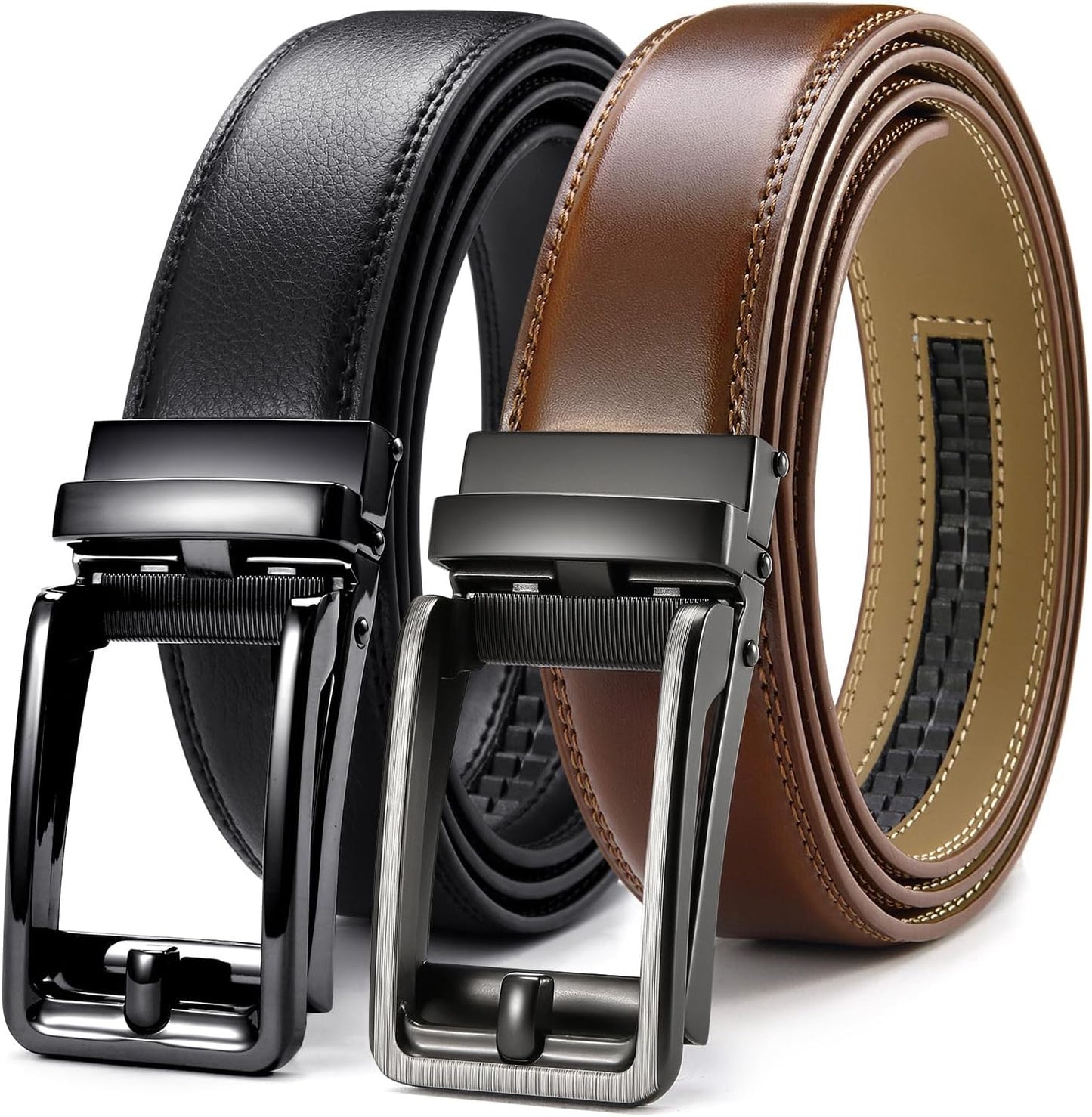 HOTCHAOREN Click Belts for Men 2 Pack - Mens Ratchet Leather Belt 1 3/8" for Dress and Casual - Micro Adjustable Belt Fit