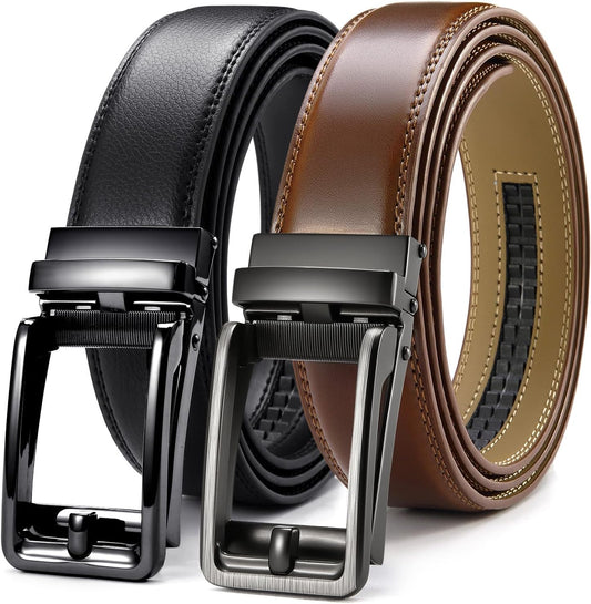 HOTCHAOREN Click Belts for Men 2 Pack - Mens Ratchet Leather Belt 1 3/8" for Dress and Casual - Micro Adjustable Belt Fit