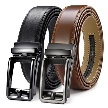 HOTCHAOREN Click Belts for Men 2 Pack - Mens Ratchet Leather Belt 1 3/8" for Dress and Casual - Micro Adjustable Belt Fit