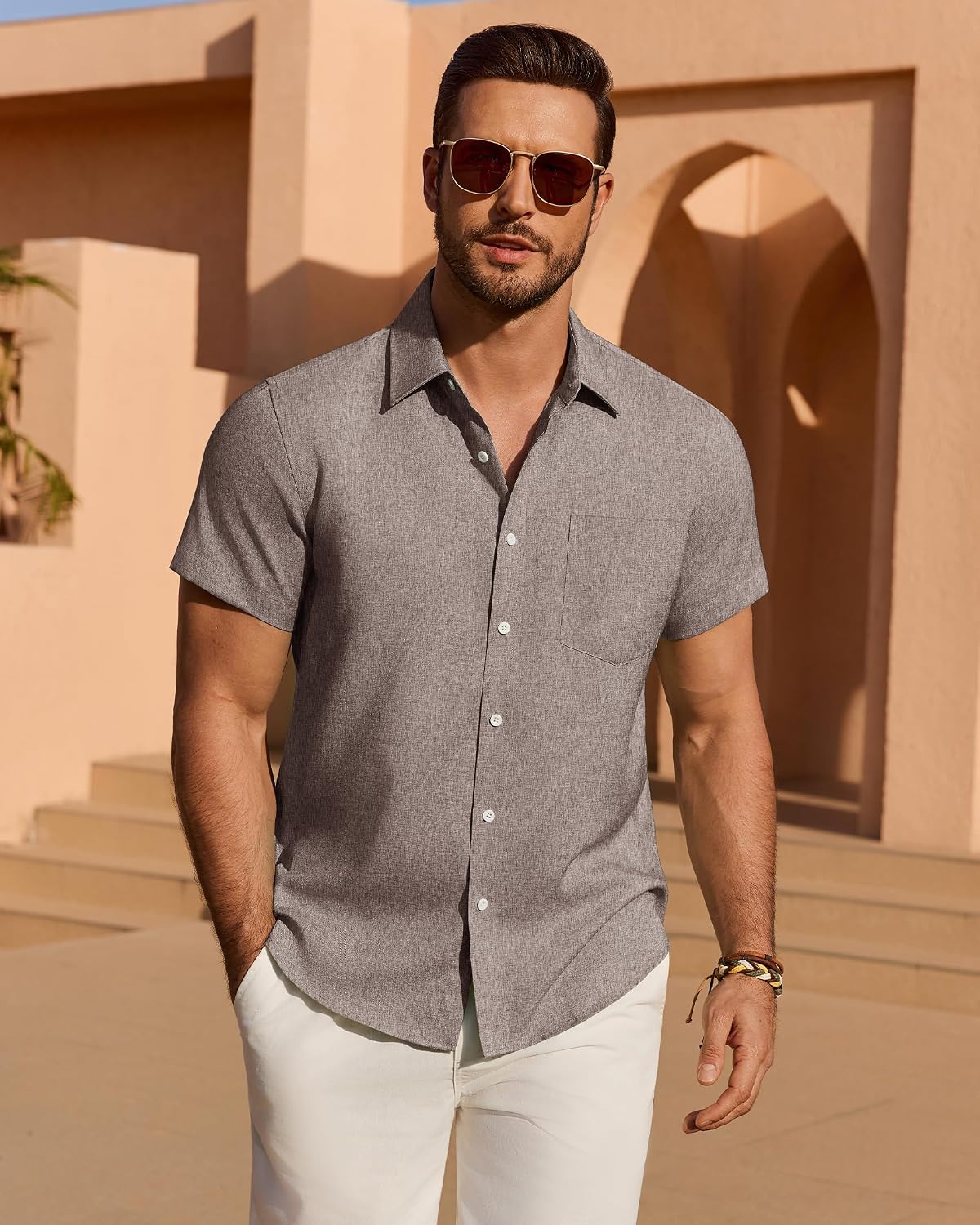 HOTMens Linen Shirt Short Sleeve Wrinkle Free Casual Untucked Button Down Shirts Beach Breathable Tops Summer