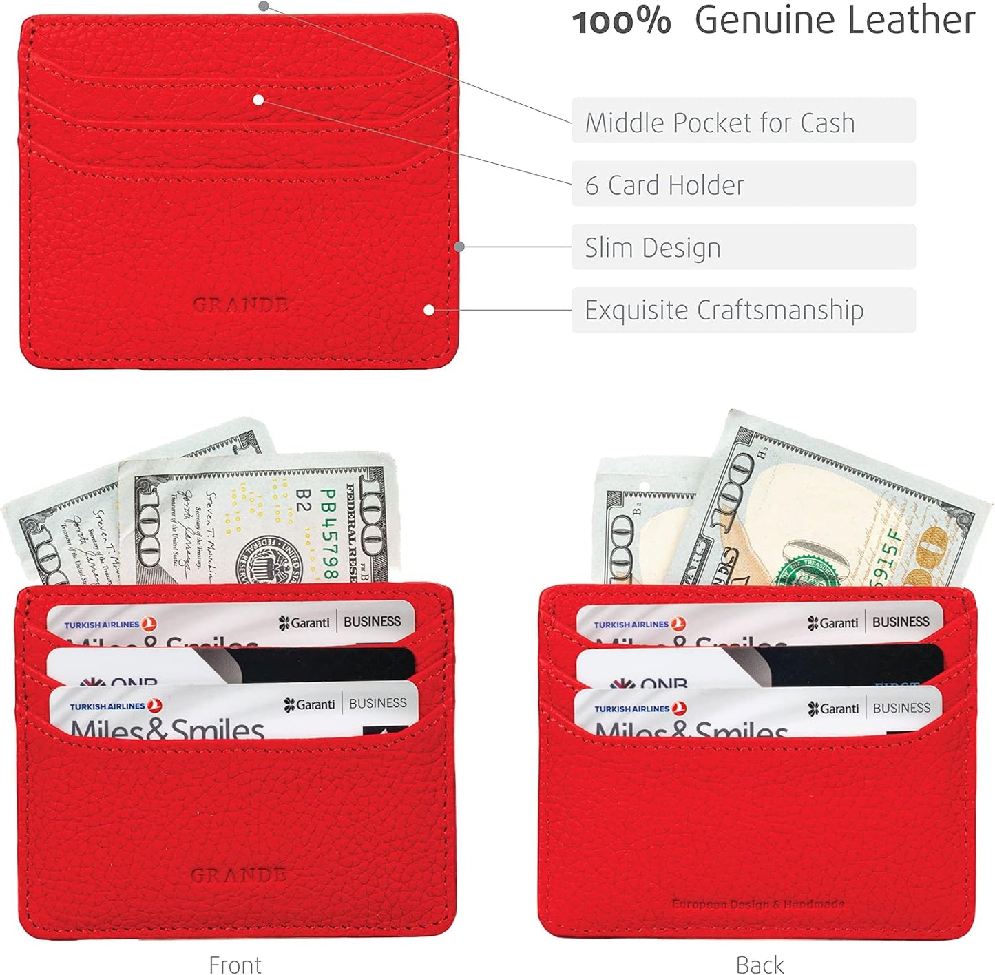 HOTgrande 3633 Genuine Leather Card Holder For Women and Men Super Slim Minimalist Small Snap Wallet (Red)
