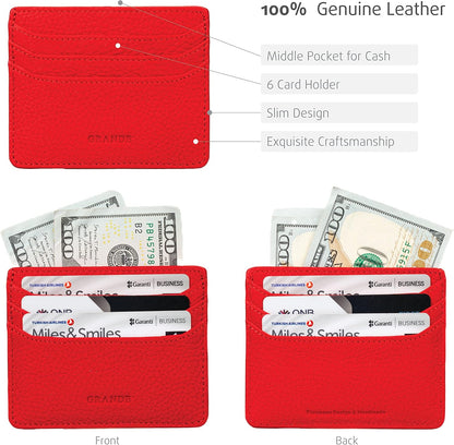 HOTgrande 3633 Genuine Leather Card Holder For Women and Men Super Slim Minimalist Small Snap Wallet (Red)