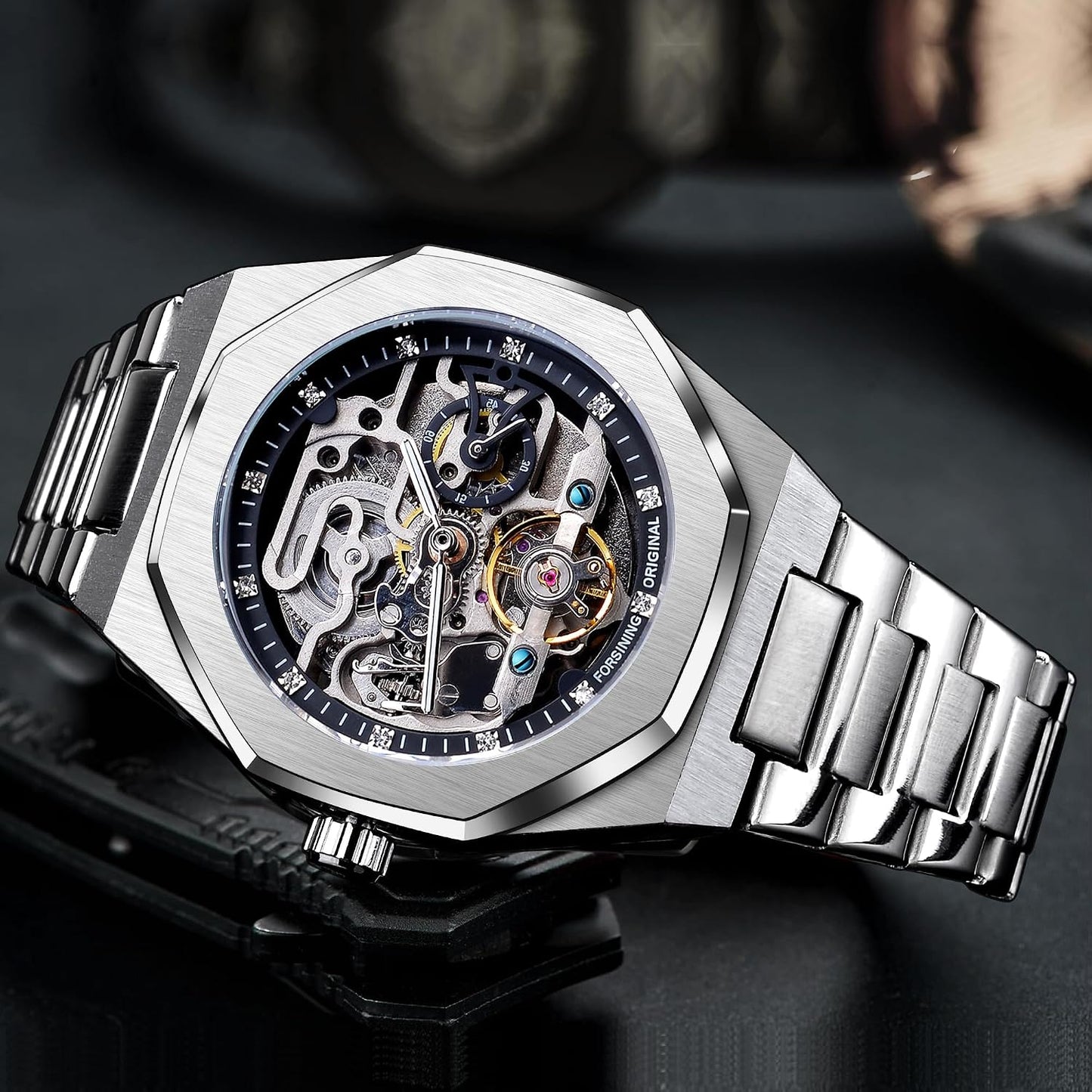 HOTFORSINING Vintage Watch for Men Engraved Automatic Self-Wind Mechanical Big Dial Luminous Moon Phase Golden Hollow Tattoo Pattern Wrist Watches, Mechanical