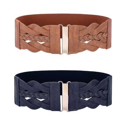 HOTGRACE KARIN Wide Belts for Women Elastic Waist Belt | 3 inch wide stretchy waistband, Woven design, Golden buckle, For dresses skirt, Vintage casual boho western style