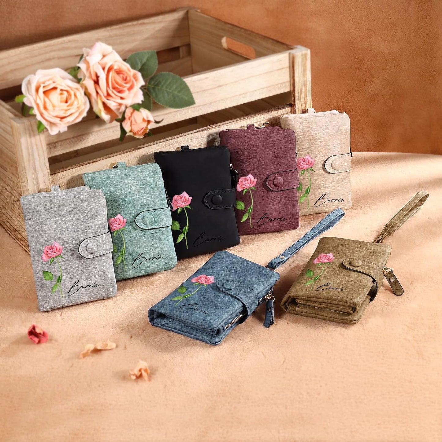 HOTPersonalized Custom Wallet with Name & Birth Flower for Women Multi Credit Card Wallet With Wrist Strap Birthday Gifts for Mom Mothers Day (Pink)