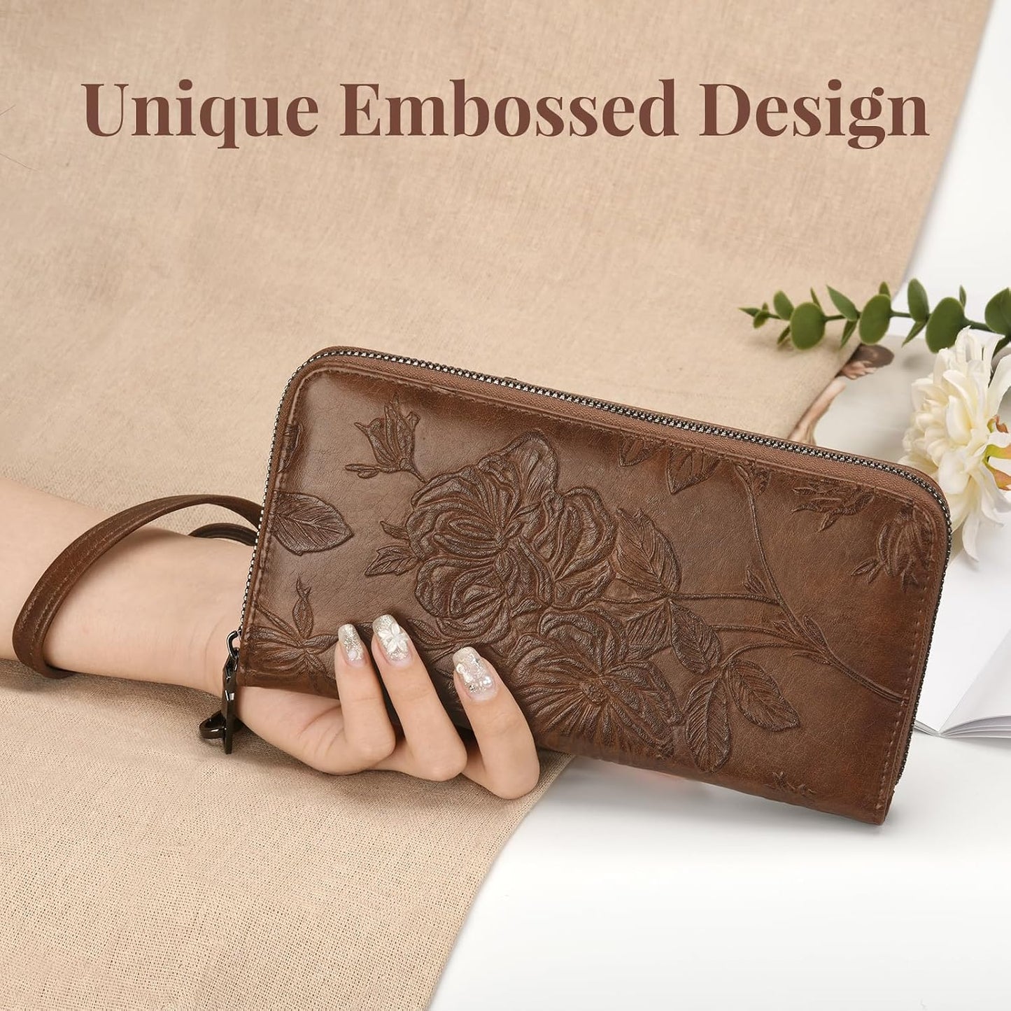 HOTWristlet Wallet for Women - Large Capacity RFID Leather Clutch | Premium vegan leather, rose embossed with a pen slot. Fits phones up to 6.9". 15 card slots & RFID. Ideal for travel & daily.