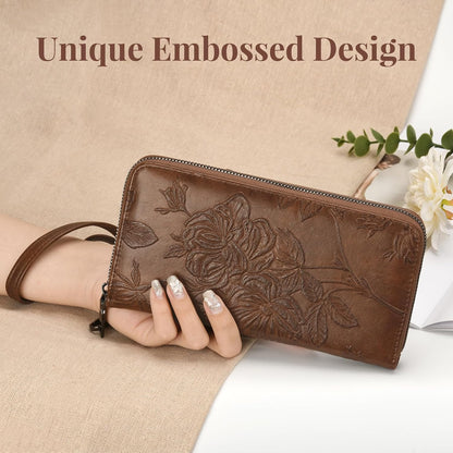 HOTWristlet Wallet for Women - Large Capacity RFID Leather Clutch | Premium vegan leather, rose embossed with a pen slot. Fits phones up to 6.9". 15 card slots & RFID. Ideal for travel & daily.