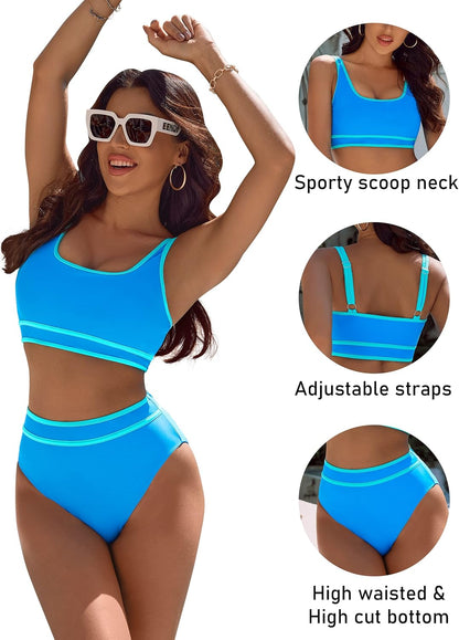HOTBMJL Women's High Waisted Bikini Sets Sporty Two Piece Swimsuits Color Block Tummy Control Modest Bathing Suit