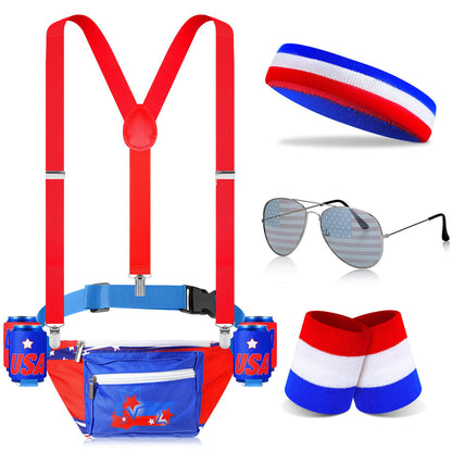 HOTTallew 9 Pcs 4th of July Fanny Pack American Flag Overalls 250 Years Patriotic American Flag Fanny Pack Beer Belt Suspenders Drink Holder Headband Wristband(Classic Style)