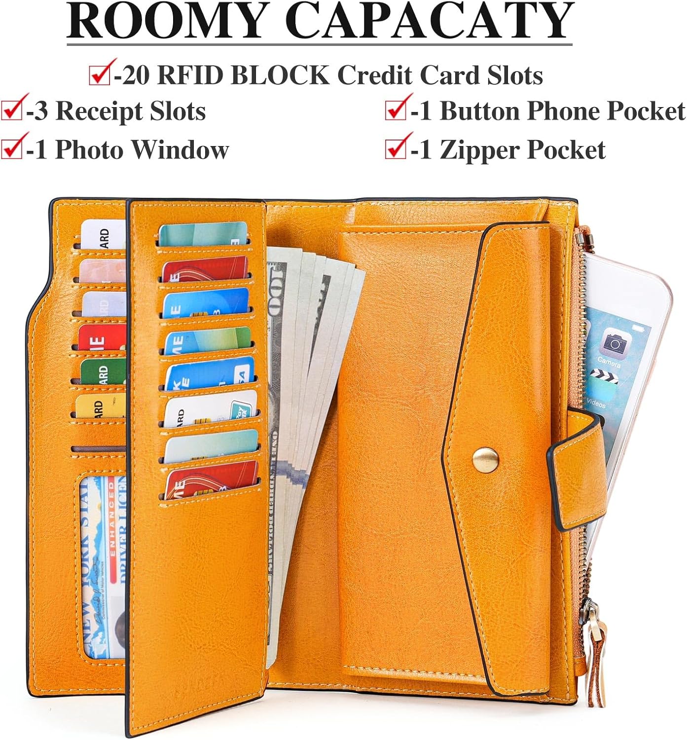 HOTSENDEFN Women Leather Wallets RFID Blocking Clutch Card Holder Ladies Purse with Zipper Pocket