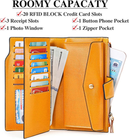 HOTSENDEFN Women Leather Wallets RFID Blocking Clutch Card Holder Ladies Purse with Zipper Pocket