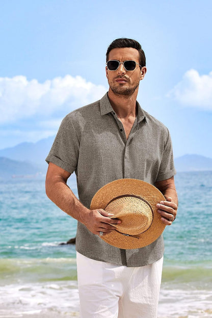HOTCOOFANDY Men's Linen Shirts Short Sleeve Casual Shirts Button Down Shirt for Men Beach Summer Wedding Shirt