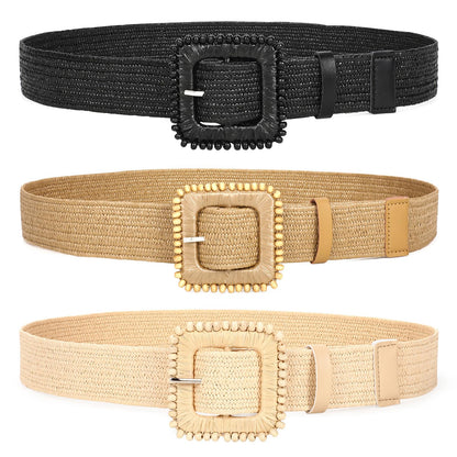 HOTWHIPPY 3 Packs Women Straw Woven Elastic Stretch Waist Belts Fashion Boho Braided Skinny Ladies Dress Belt