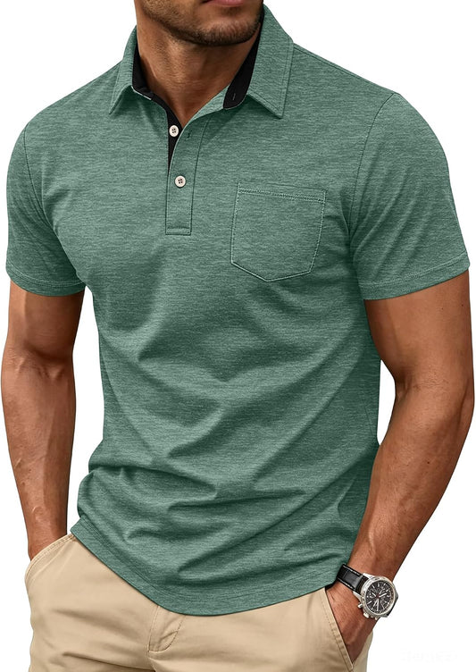 HOTMens Short Sleeve Polo Shirts Collared Business Casual Polo T Shirts with Pocket