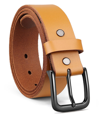 HOTCHAOREN Mens Belts Casual for Jeans - Full-Grain Leather, Durable Cowhide | Solid Buckle, Classic Style, Handmade, Daily Wear, Gift Box