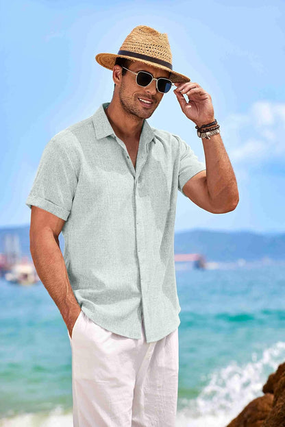 HOTCOOFANDY Men's Linen Shirts Short Sleeve Casual Shirts Button Down Shirt for Men Beach Summer Wedding Shirt
