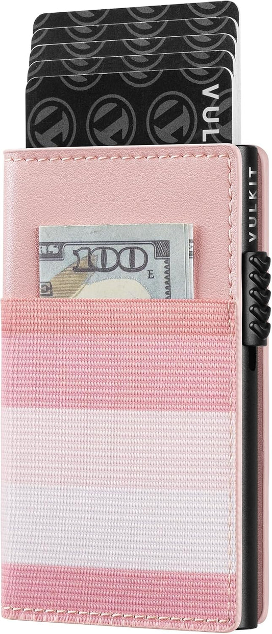 HOTVULKIT Card Holder for Women Slim Card Wallet Minimalist Bifold Credit Card Holder RFID Blocking Pop Up Metal Card Case Magnetic Closure, Stripe Pink