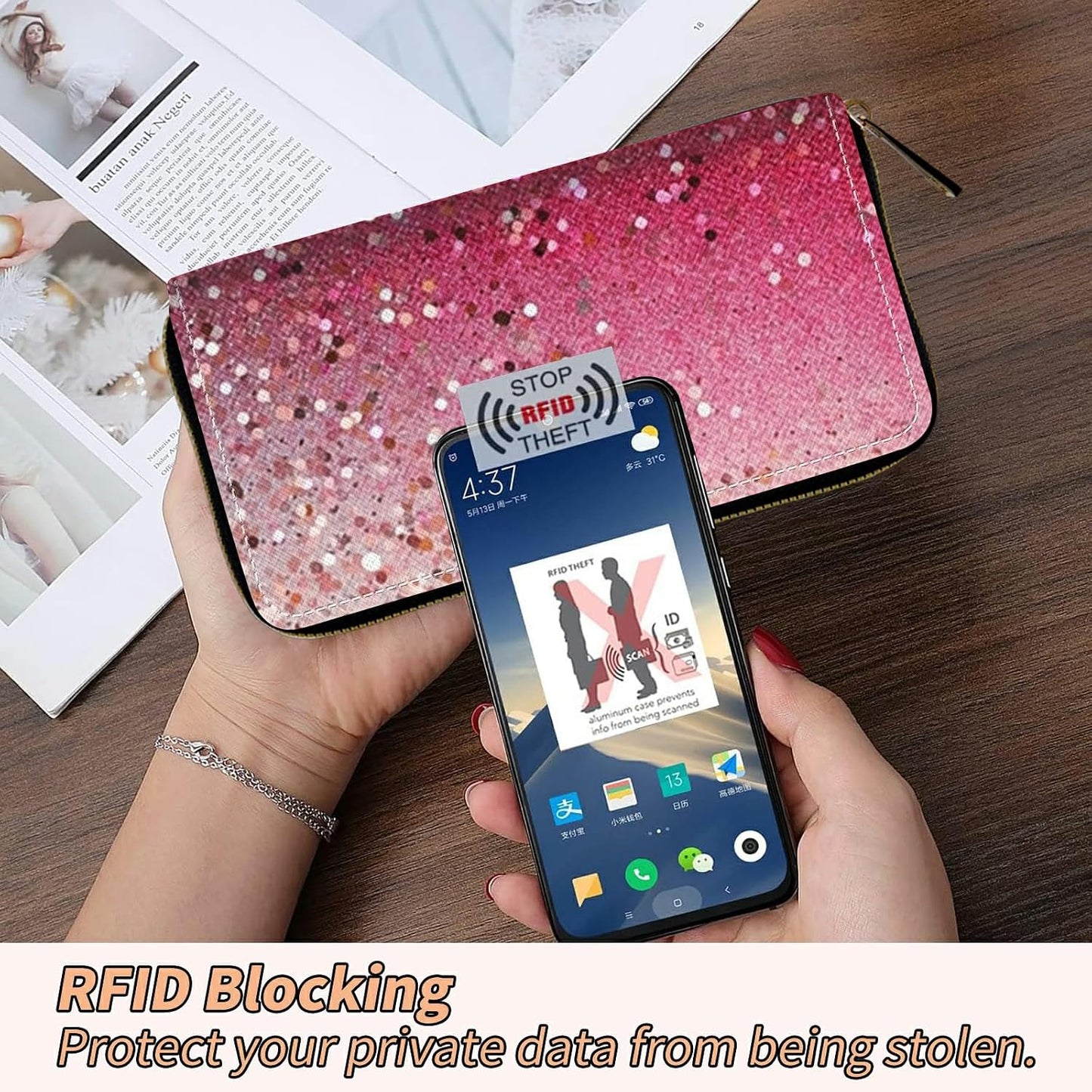 HOTWomen's RFID Blocking Wallet PU Leather Slim Bifold Wristlet Clutch with Large Capacity,16 Card Slots & Zipper Coin Purse Pocket Ladies Travel Purse Wristlet,Pink Glitter