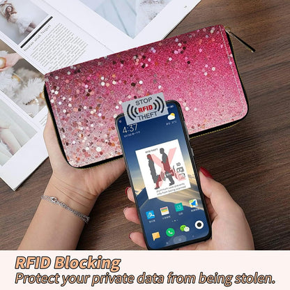 HOTWomen's RFID Blocking Wallet PU Leather Slim Bifold Wristlet Clutch with Large Capacity,16 Card Slots & Zipper Coin Purse Pocket Ladies Travel Purse Wristlet,Pink Glitter