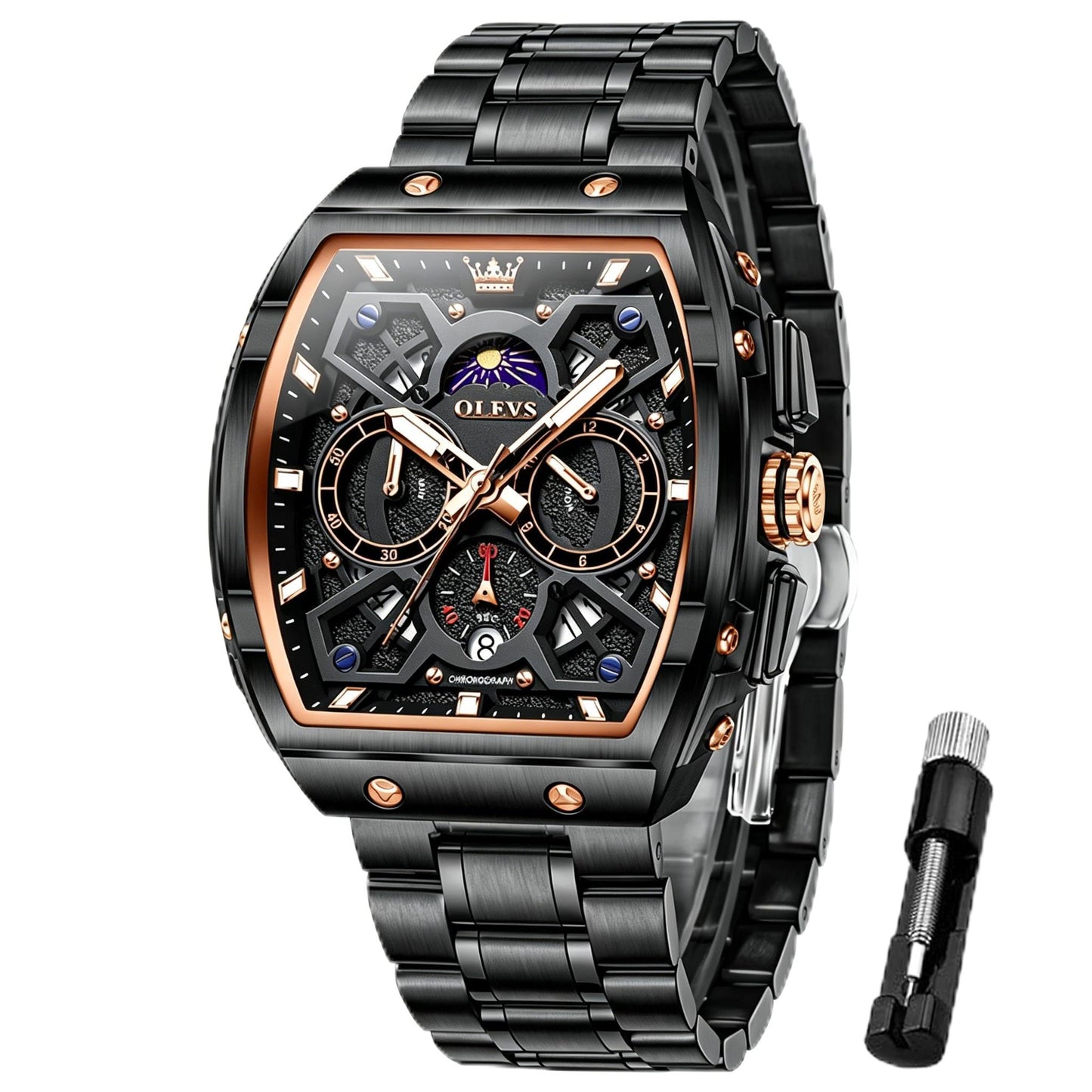 HOTOLEVS Watches for Men Analog Quartz Luxury Diamond Waterproof Chronograph Stainless Steel Big Face Square Date Moon Phase Roman Numeral Dress Mens Watches