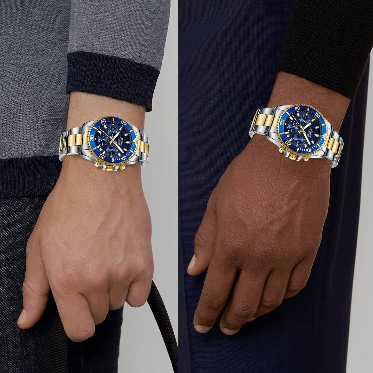 HOTBIDEN Mens Watches Chronograph Gold Blue Stainless Steel Waterproof Date Analog Quartz Watch Business Casual Fashion Wrist Watches for Men