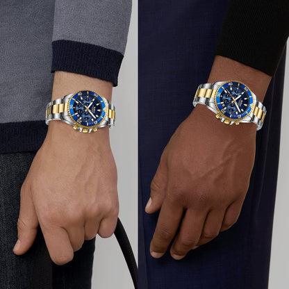 HOTBIDEN Mens Watches Chronograph Gold Blue Stainless Steel Waterproof Date Analog Quartz Watch Business Casual Fashion Wrist Watches for Men