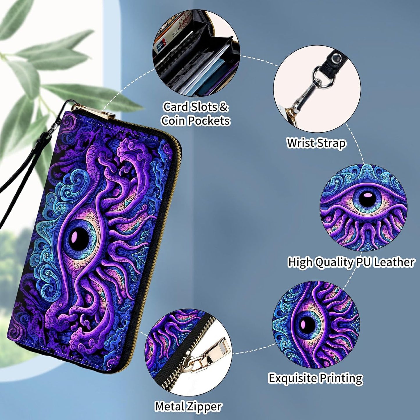 HOTWristlet Wallets for Women,Ladies Women's Wallet,Clutch Purses for Female Leather Large Capacity Credit Card Holder with Zipper Slim Cute Coin Pocket,RFID Blocking,Cute Funny Eye Purple