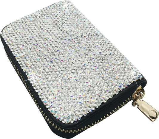 HOTBling Credit Card Case RFID Leather Wallet Multilayer Zipper Case Rhinestone Credit Card Holder Women's Small Credit Card Wallet (Silver)