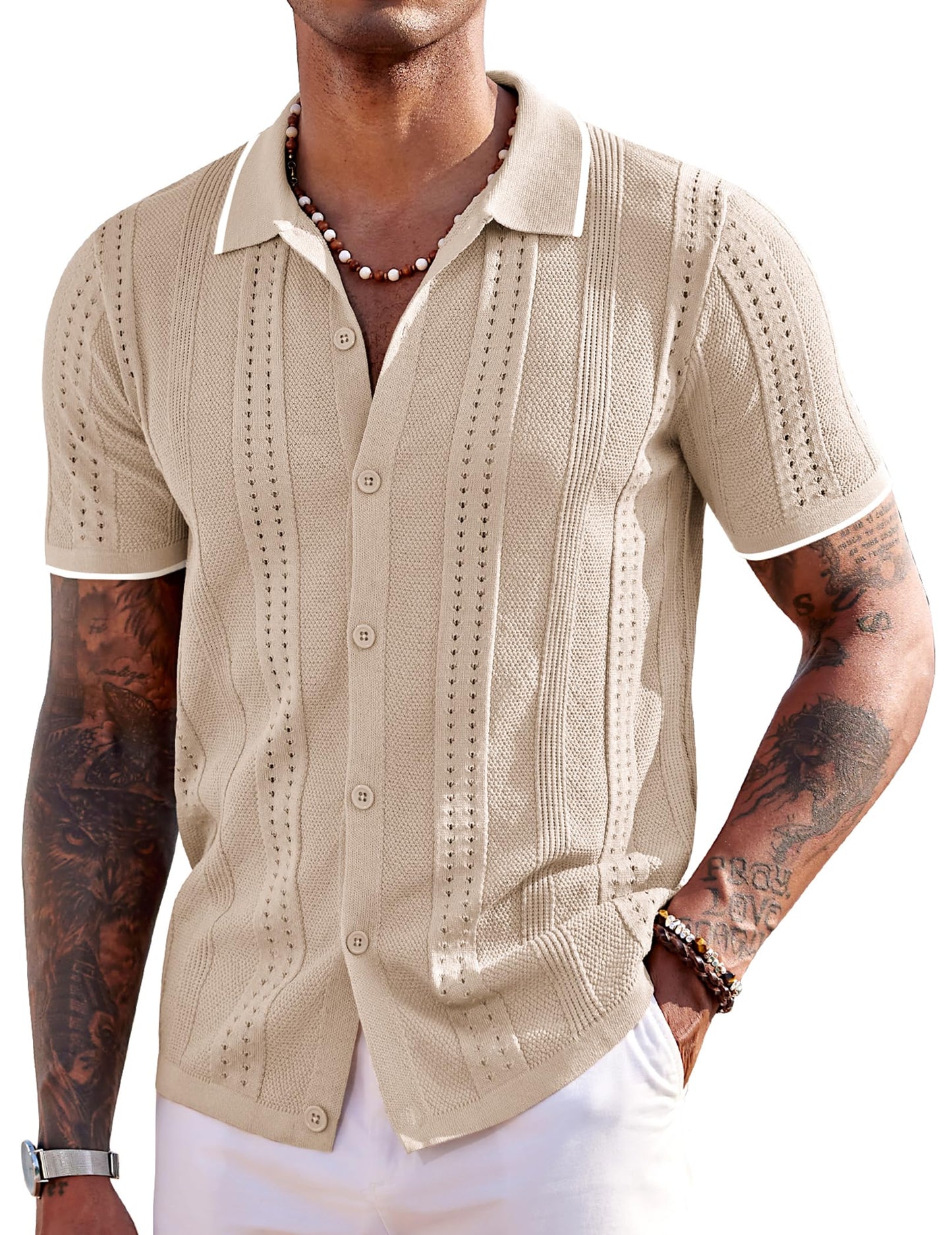 HOTCOOFANDY Men's Knit Shirts Short Sleeve Button Down Polo Shirt Fashion Casual Summer Beach Shirts