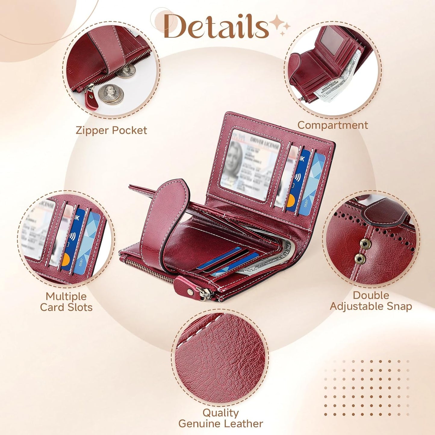 HOTGenuine Leather Wallets for Women RFID Protective Coin Purse Red | Credit Card Holder, with Coin Pocket, 16 Card Slots, 2 ID Slots, 2 Cash Pocket, Mini, Cute