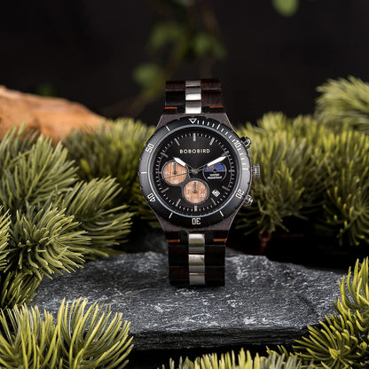 HOTBOBO BIRD Mens Quartz Wooden Watches Stainless Steel Red Sandalwood Alloy Wood Watch for Male Classic Function Wristwatch Chronograph Luminous Hands Day and Night Date Display
