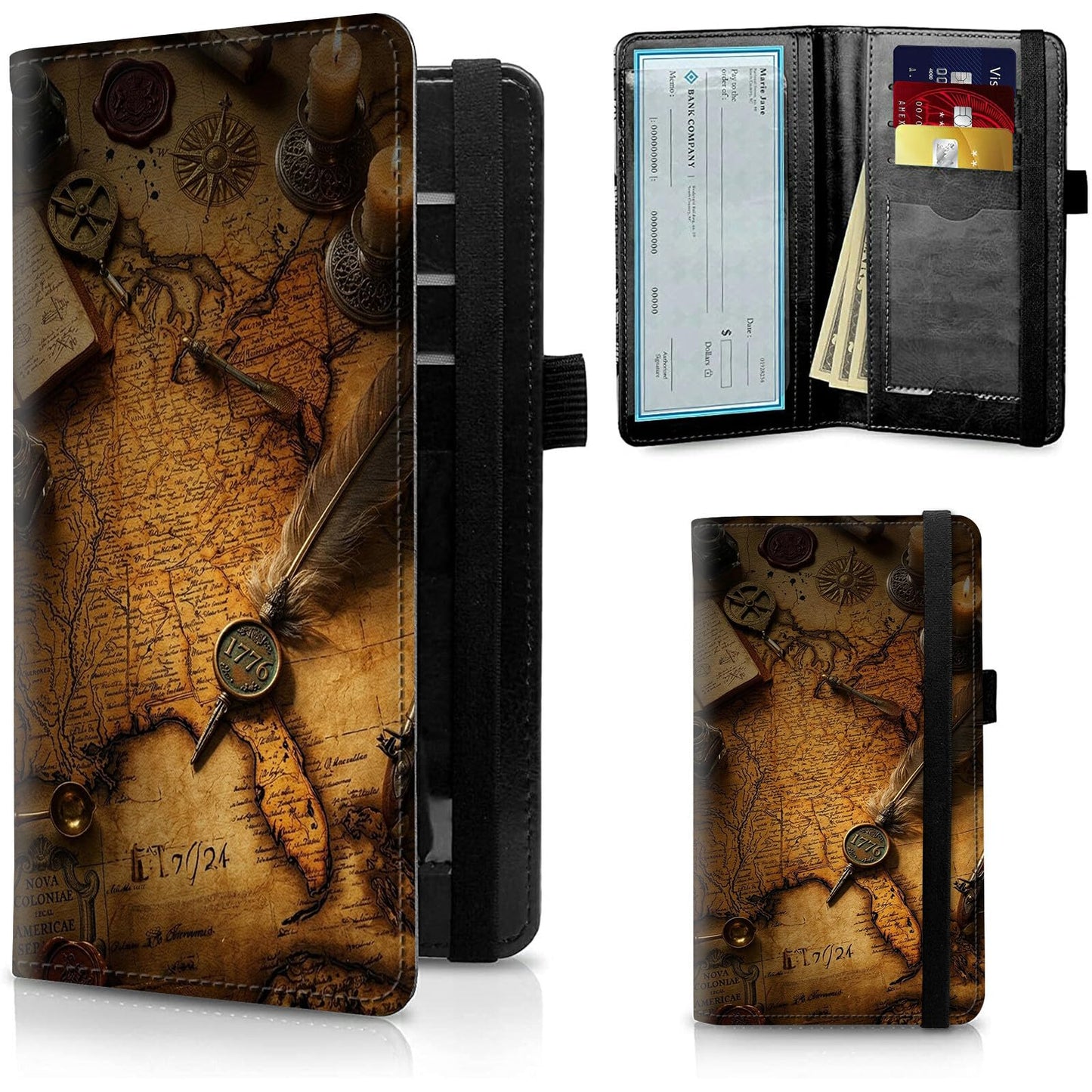 HOTFUYOCWE Leather Checkbook Cover for Men Women Check book Holder Cover for Personal Checkbook Checks with RFID Blocking & Elastic Strap-Bald Eagle with Flag