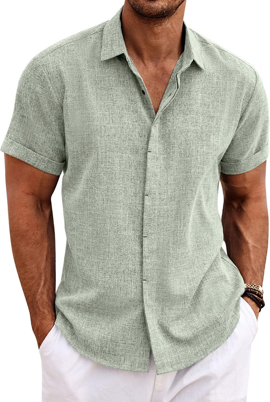 HOTCOOFANDY Men's Linen Shirts Short Sleeve Casual Shirts Button Down Shirt for Men Beach Summer Wedding Shirt