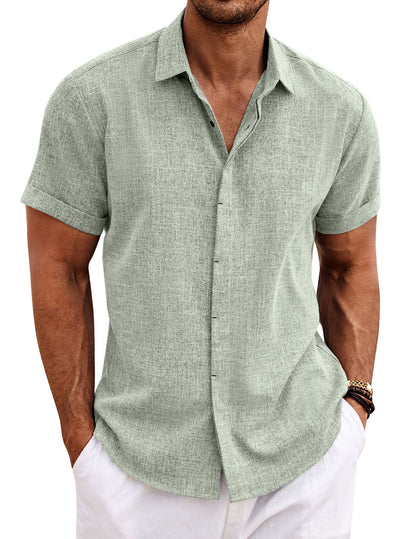 HOTCOOFANDY Men's Linen Shirts Short Sleeve Casual Shirts Button Down Shirt for Men Beach Summer Wedding Shirt