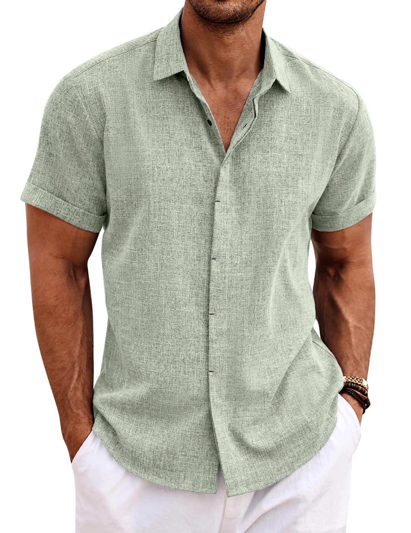 HOTCOOFANDY Men's Linen Shirts Short Sleeve Casual Shirts Button Down Shirt for Men Beach Summer Wedding Shirt