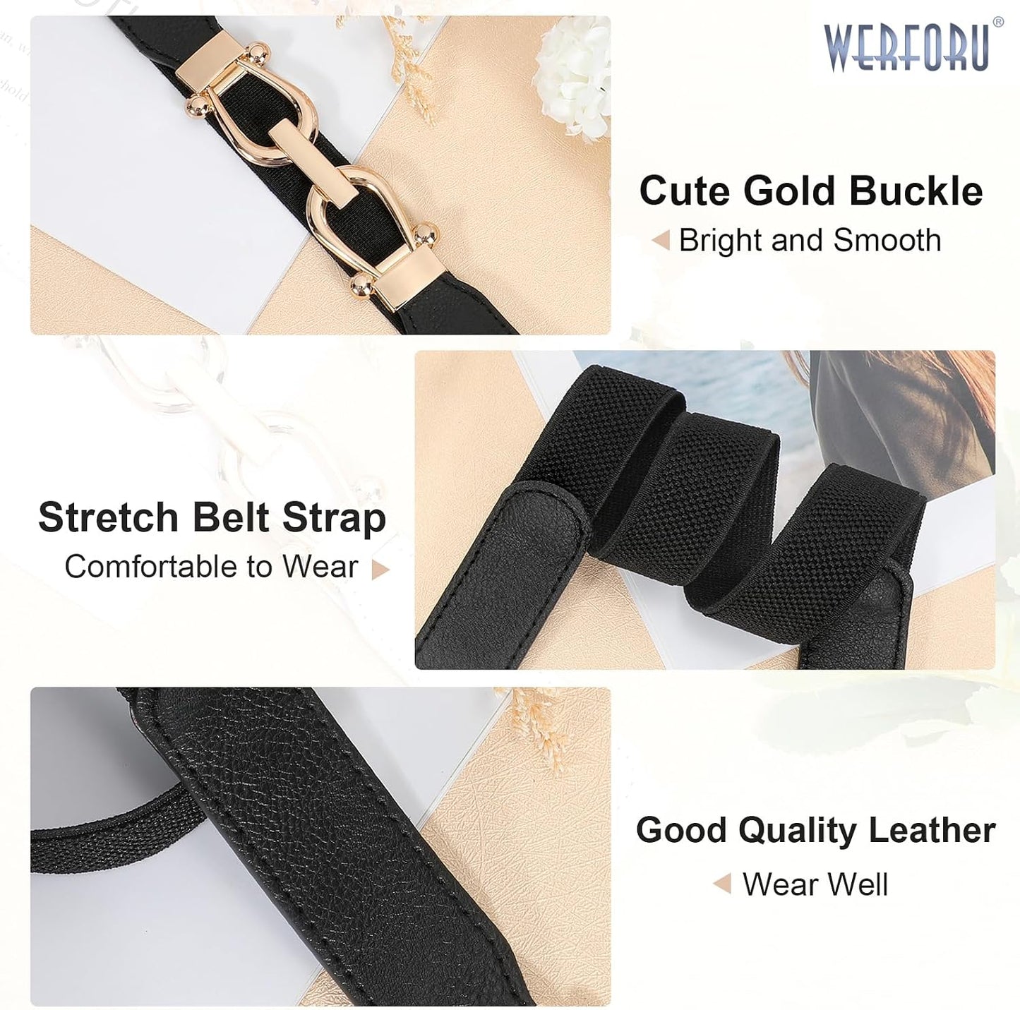 HOTWERFORU Women Skinny Belt for Dresses Retro Stretch Waist Belt with Gold Buckle Set of 4