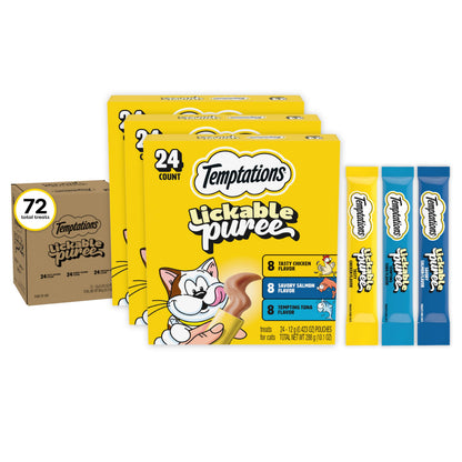 HOTTemptations Creamy Puree Cat Treats, Chicken, Salmon & Tuna, 24 Count | Under 15 calories per tube, great for senior cats, no chewing required, no added sugar, fillers, or artificial preservatives