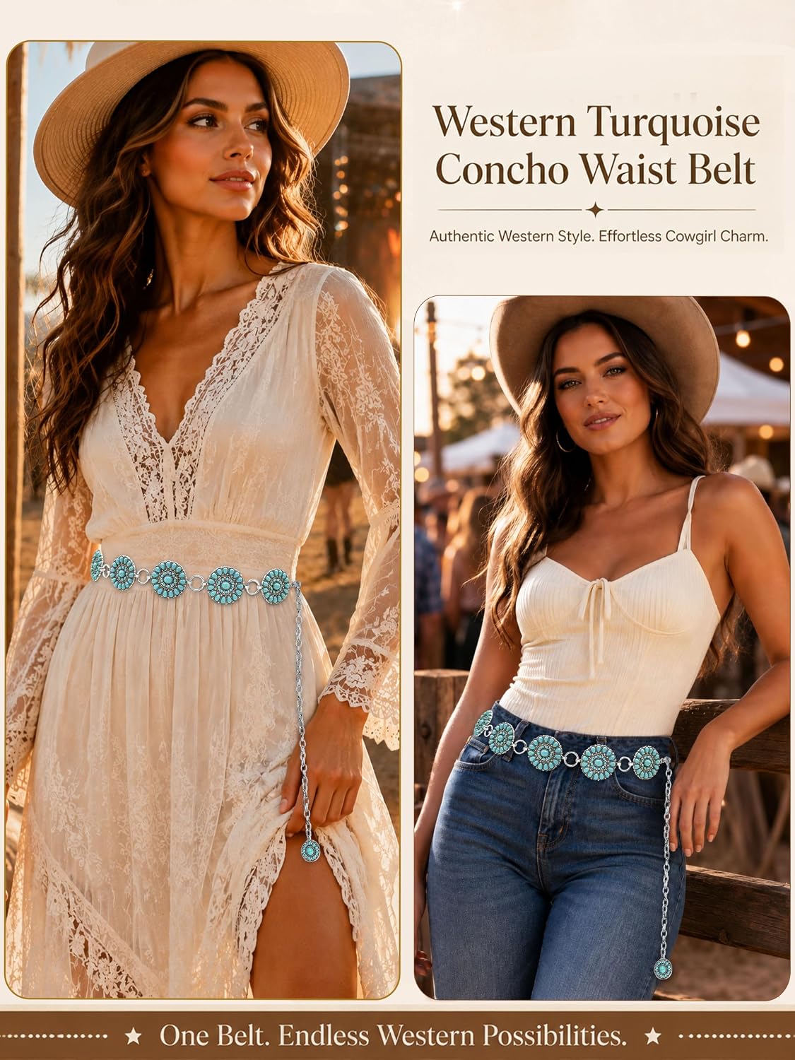 HOTTurquoise Chain Belt for Women, Western Cowgirl Concho Belt | Turquoise Concho Accents with Silver Chains for Western, Cowgirl, Rodeo, Festival and Denim Looks
