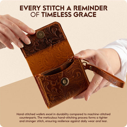 HOTToros Craft Handmade Leather Wallets for Women, Western Wristlet Wallets, Floral Leather Small Credit Card Holder with Zipper, Minimalist & Cute Coin Pouch, Genuine Leather, Camel
