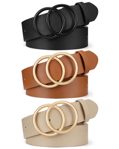 HOTXZQTIVE 3 Packs Women's Leather Belts For Jeans Dresses Pants Fashion Ladies Waist Belt with Double O-Ring Gold Buckle