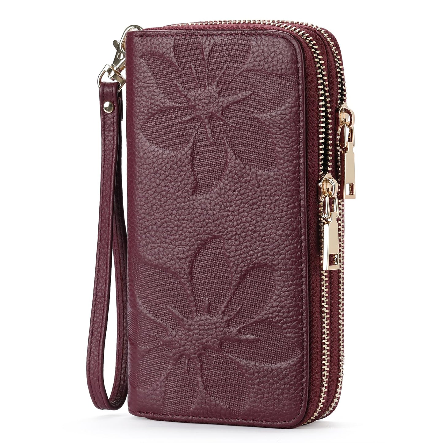 HOTGOIACII Women's Wallet Large Capacity Double Zip Ladies Card Phone Holder RFID Blocking Wristlet Leather
