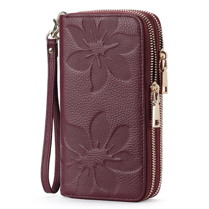 HOTGOIACII Women's Wallet Large Capacity Double Zip Ladies Card Phone Holder RFID Blocking Wristlet Leather