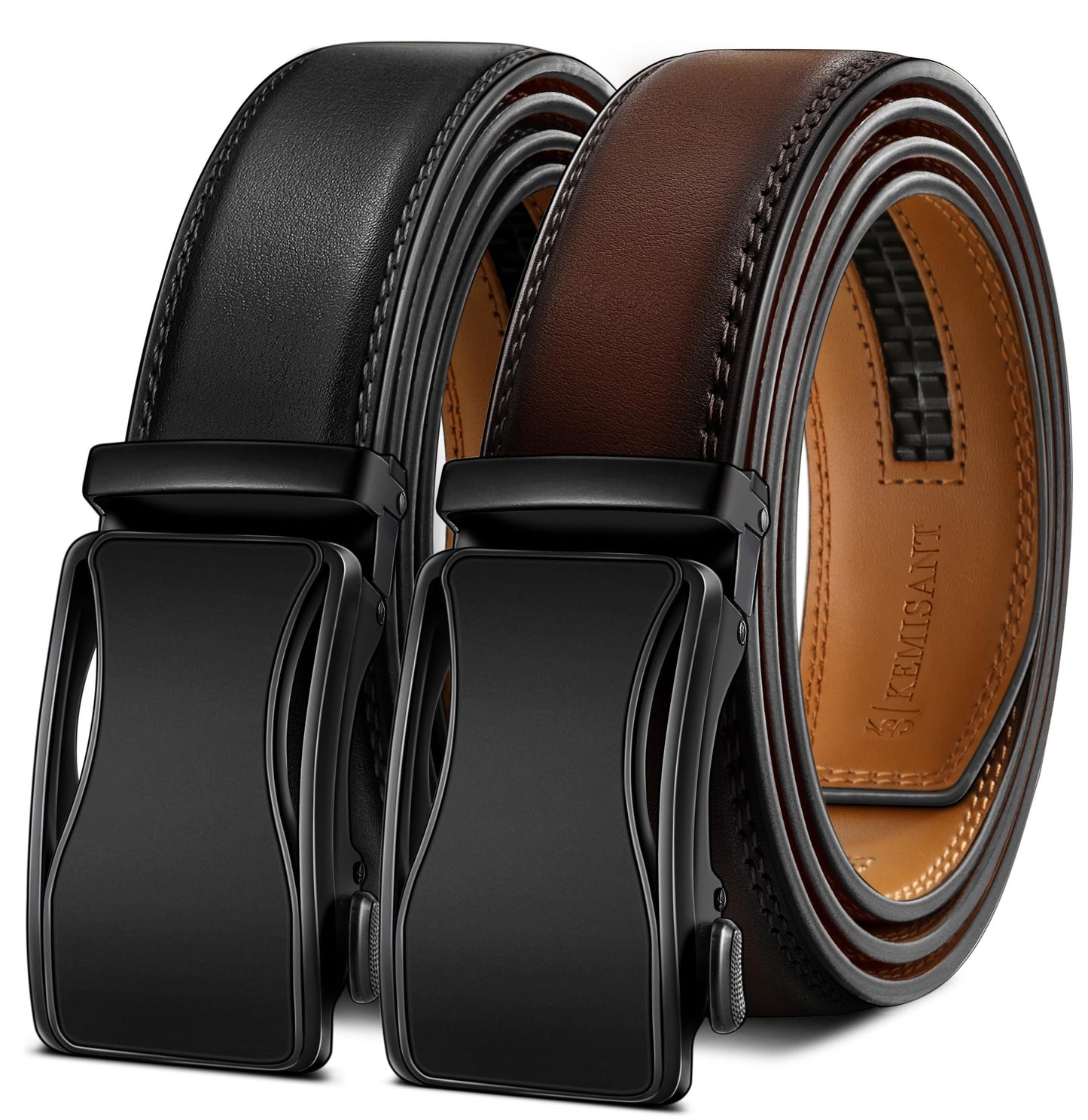 HOTKEMISANT Men's Ratchet Leather Belt 2Pack-Trimmable 1 3/8“-Gift Boxed | Smooth Sliding | Micro Adjustable Fit | Tailored Size | Holeless Understated Elegance
