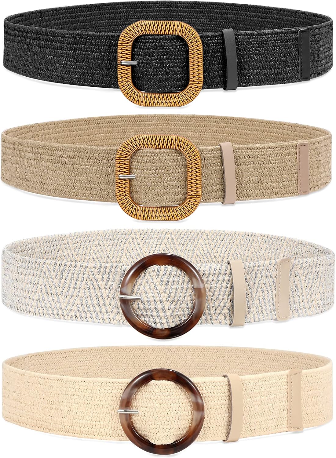 HOTWHIPPY Set of 3/4 Straw Woven Elastic Stretch Waist Belts for Women, Fashion Boho Ladies Braided Skinny Dress Belt