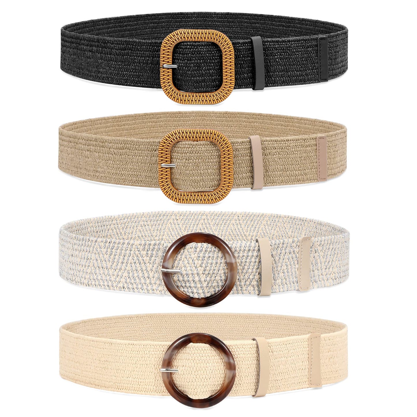 HOTWHIPPY Set of 3/4 Straw Woven Elastic Stretch Waist Belts for Women, Fashion Boho Ladies Braided Skinny Dress Belt