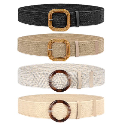 HOTWHIPPY Set of 3/4 Straw Woven Elastic Stretch Waist Belts for Women, Fashion Boho Ladies Braided Skinny Dress Belt
