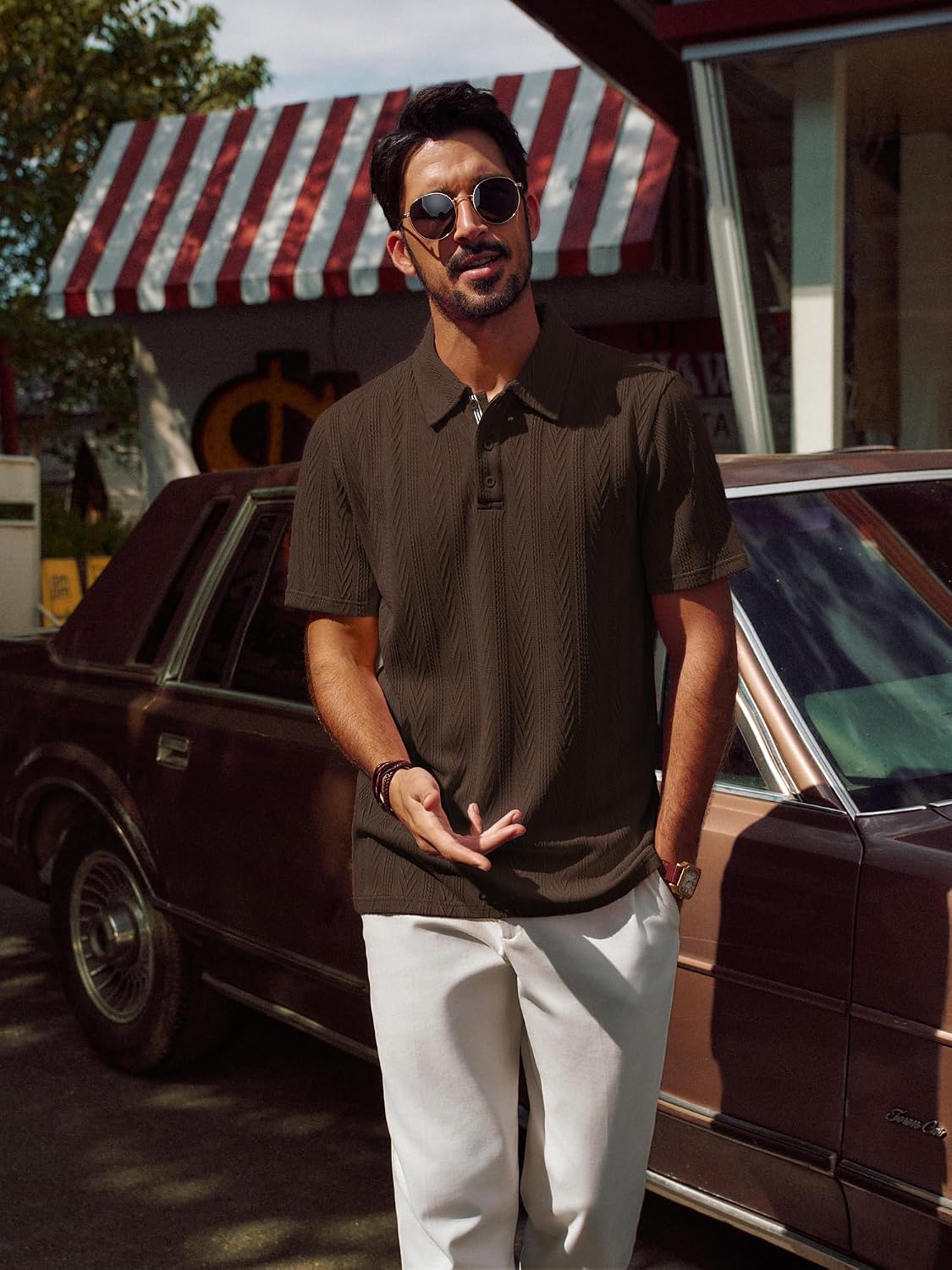 HOTPJ PAUL JONES Mens Polo Shirts Short Sleeve Knit Polo | Textured Knit Polo Shirt, Contrast Striped Placket, Golf Collared, Regular Fit, Stretchy, Wrinkle-free, Breathable, Old Money