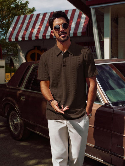 HOTPJ PAUL JONES Mens Polo Shirts Short Sleeve Knit Polo | Textured Knit Polo Shirt, Contrast Striped Placket, Golf Collared, Regular Fit, Stretchy, Wrinkle-free, Breathable, Old Money
