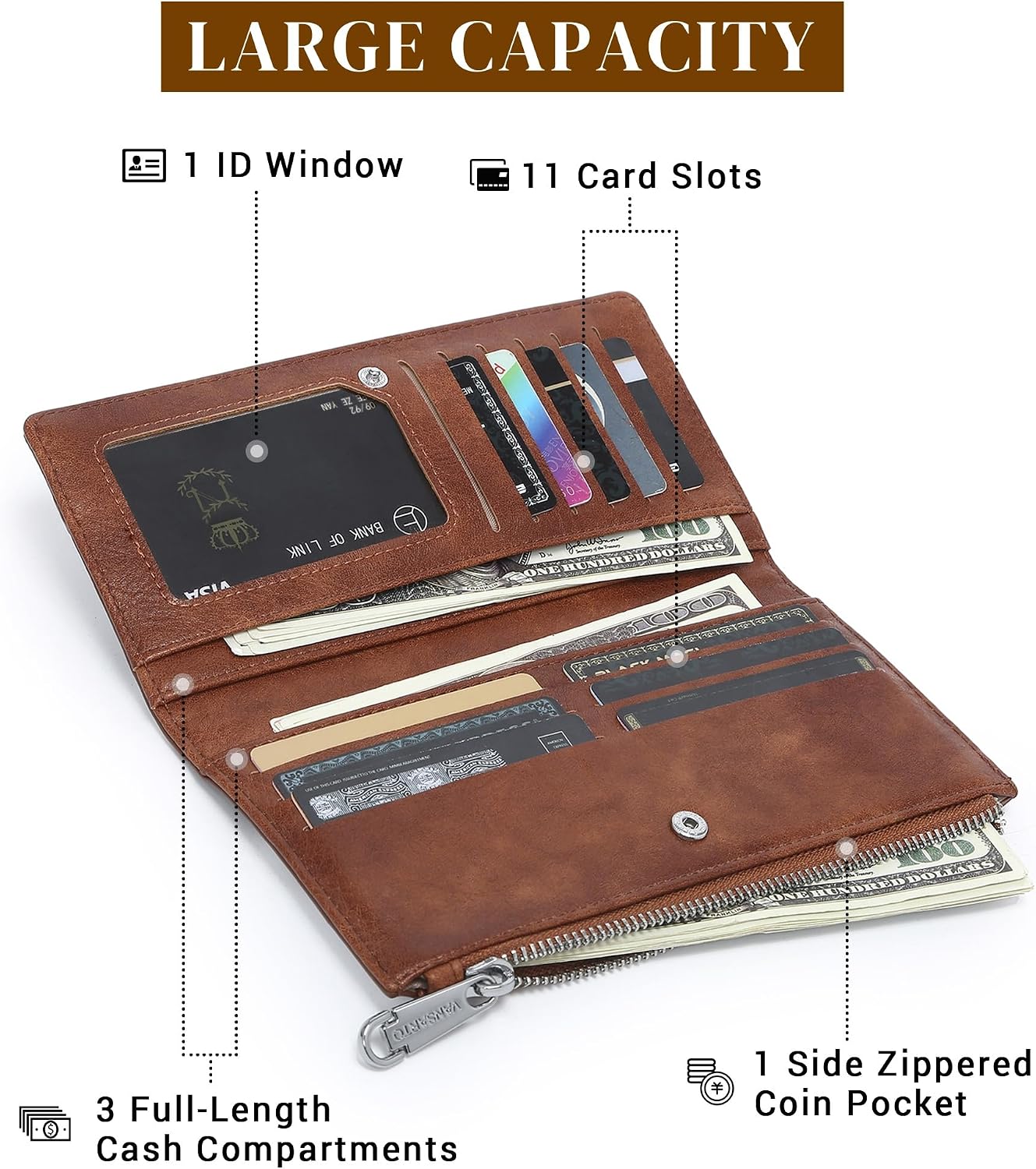 HOTCow Print Wallets for Women Slim Bifold Credit Card Holder - Card Cases Wallet with Smooth Zipper, Coin Pocket & ID Window - Money Organizer Cash Wallet, Signature Brown